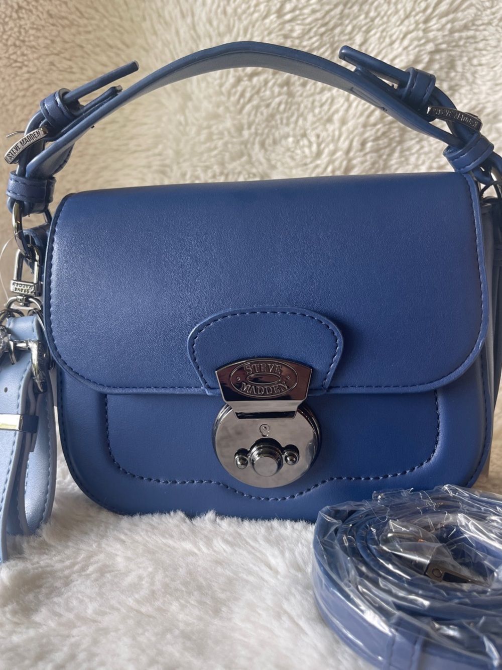 Steve Madden Cornflower Blue Leather Mini Top-Handle Crossbody